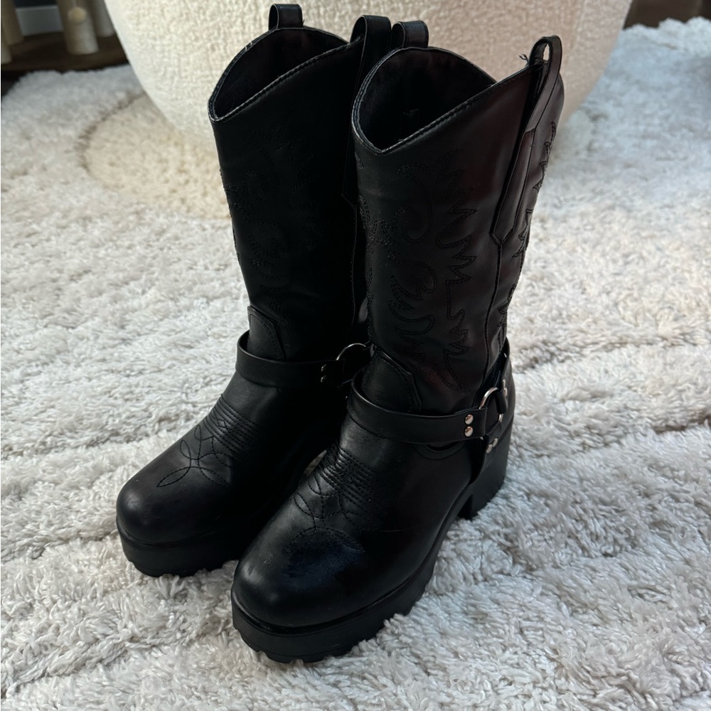 Black Leather Platform Cowboy Boots